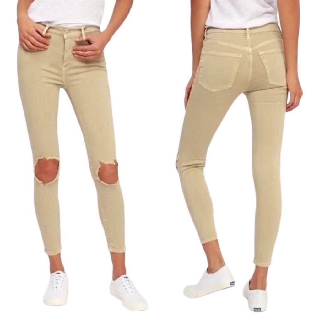 FREE PEOPLE High-Rise Khaki Tan Ripped Knee Ankle Jeans Size 26